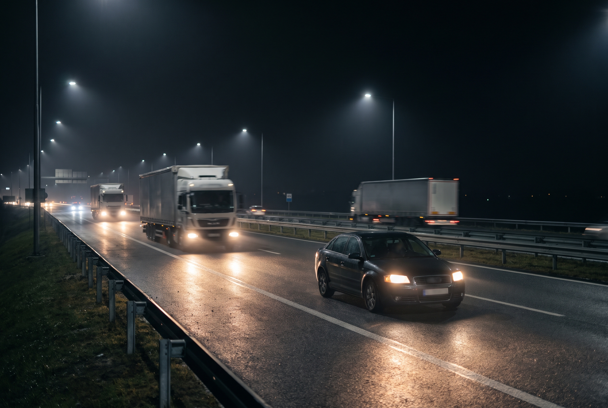 Heavy goods vehicles travelling on a motorway at night